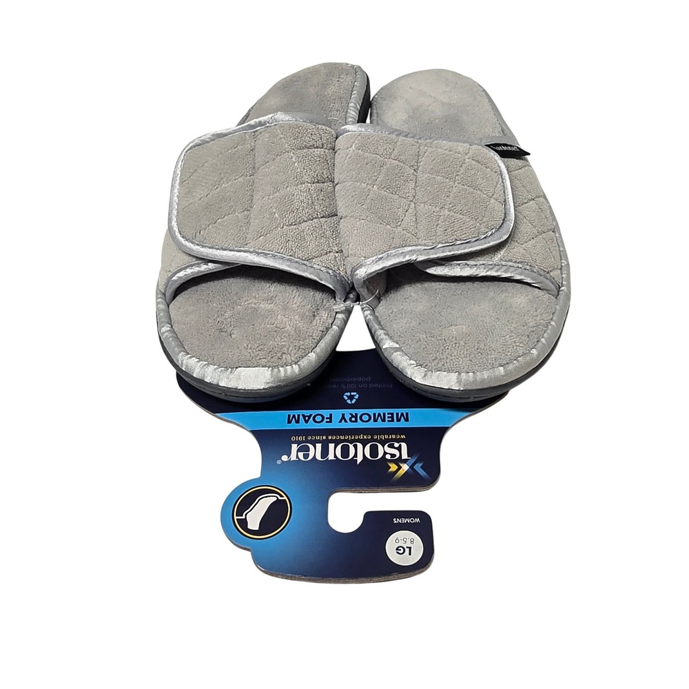 Isotoner Womens Memory Foam Slippers Grey Quilted Adjustable Slide 8.5-9 L NWT